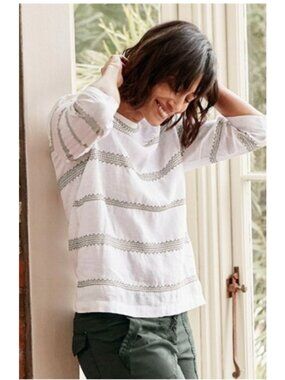 J. Jill Love Linen White Green Embroidered 3/4 Sleeve Top XL Boho Clean Girl